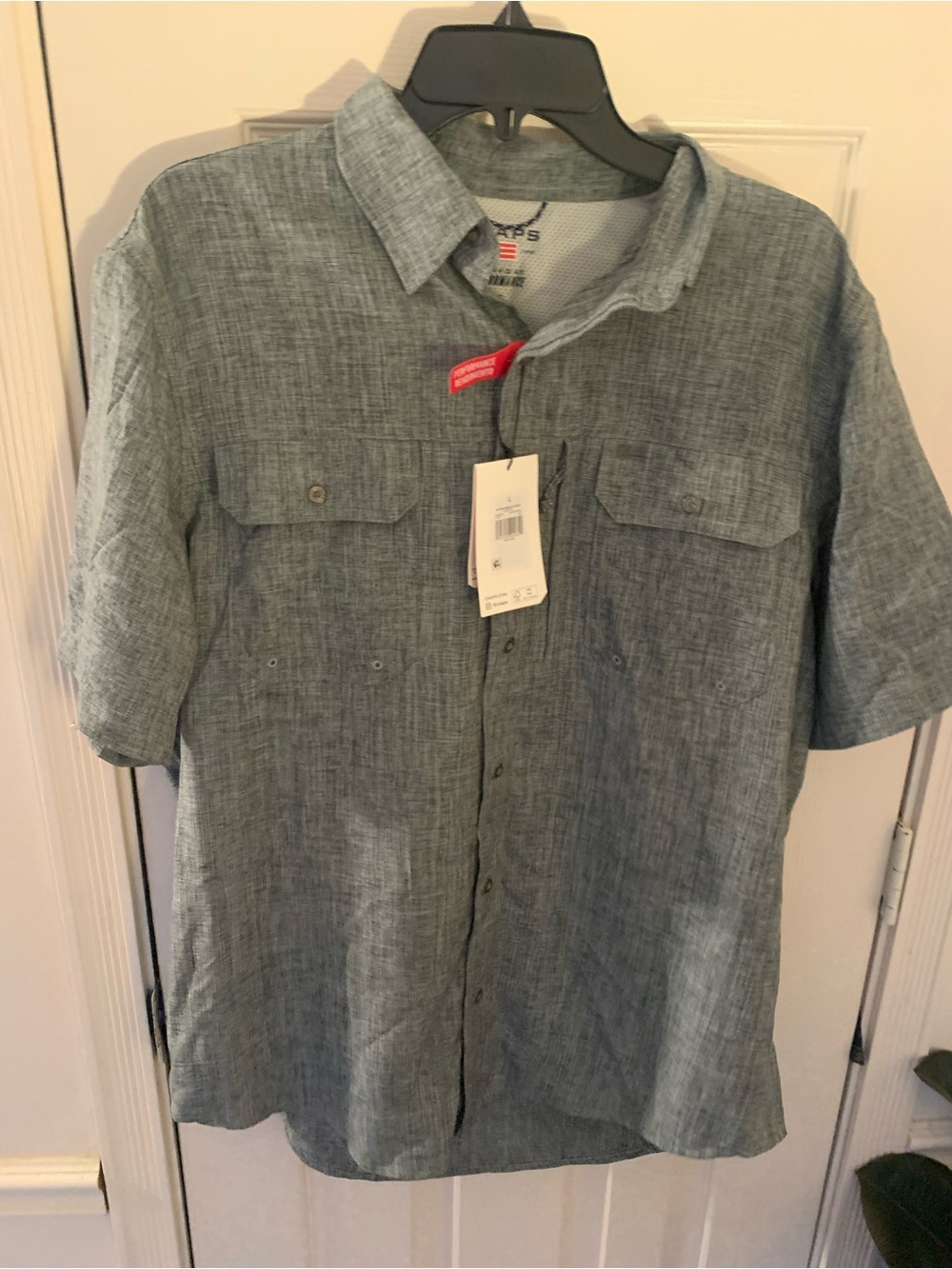 Chaps Men's Tech Chambray Short Sleeve Button Up Shirt Charcoal Large New